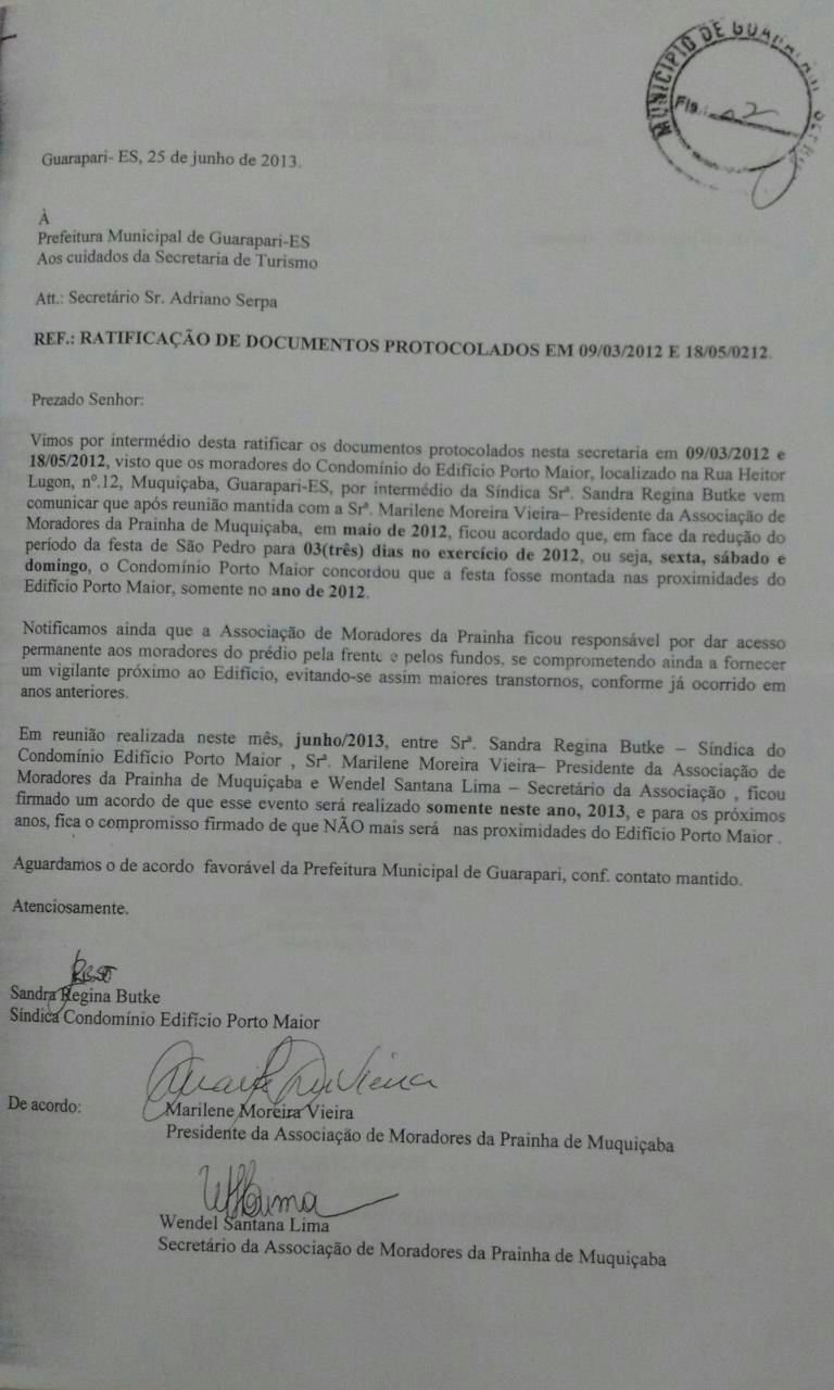 documento assinado pelo vereador Wendel cobrando da prefeitura o acordo assinado em 2012.