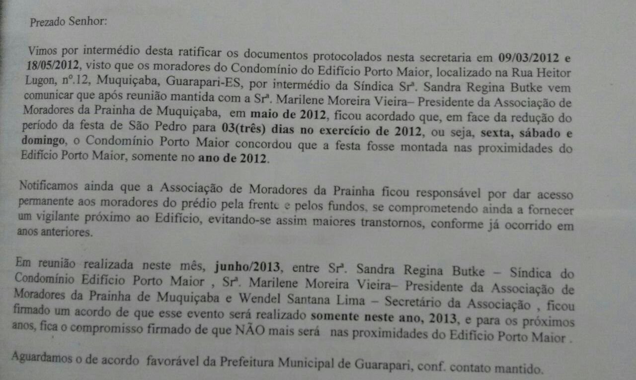 Parte do documento onde a associação de moradores pede o fim dos shows