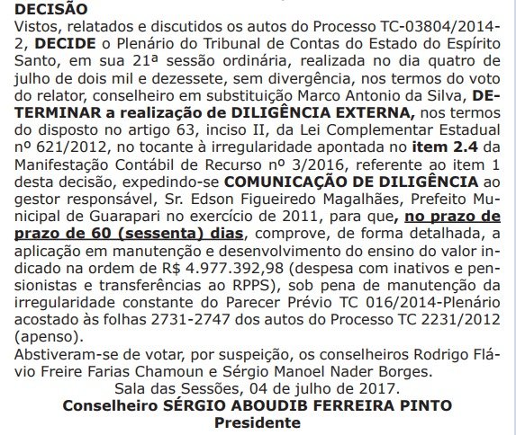 DECISÃO 02453/2017-2, publicada no Diário Oficial do TCE